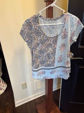 Lucky Brand Light Blue Paisley & Floral Patchwork Short Sleeve Top